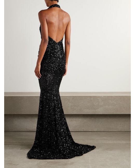 Patou Black Draped Sequined Mesh Halterneck Gown