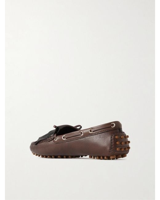 Brunello Cucinelli Brown Tasseled Fringed Bead-Embellished Leather Loafers