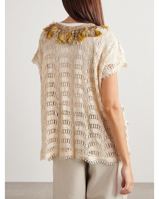 Thank You Have A Good Day Natural Tasseled Patchwork Crocheted Cotton Top