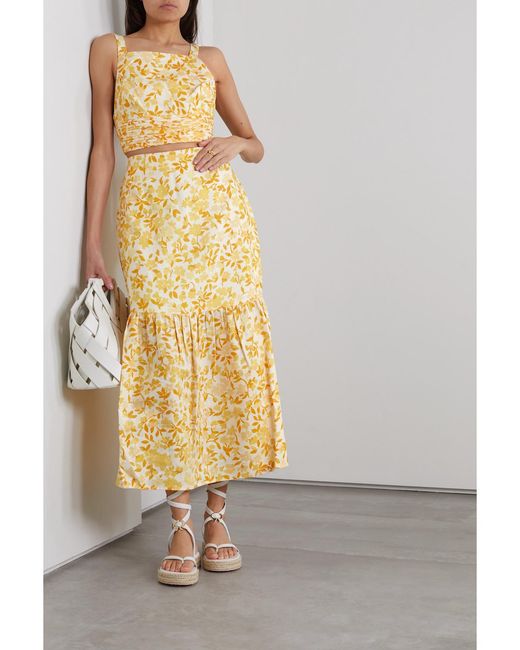 Peony Yellow Net Sustain Tiered Floral-Print Linen Maxi Skirt