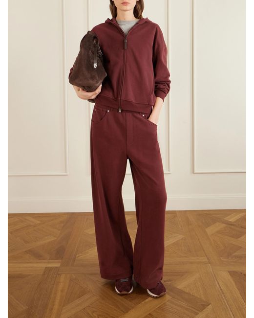 Brunello Cucinelli Red Bead-Embellished Cotton-Jersey Zip-Up Hoodie
