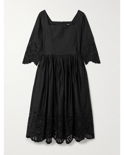 Robe Midi En Popeline De Coton À Broderie Anglaise, Fronces Et Festons Amalia Thierry Colson en coloris Black