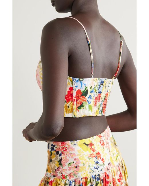 Zimmermann White Net Sustain Alight Cropped Shirred Floral-Print Linen Bustier Top