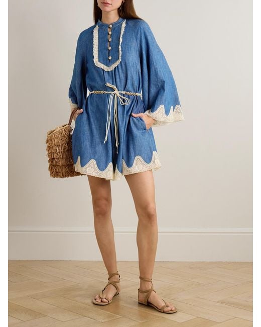 Zimmermann Blue Awaken Belted Lace-Trimmed Denim Mini Dress