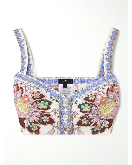 Etro White Verkürztes Bustier Aus Baumwollpopeline Mit Blumenprint