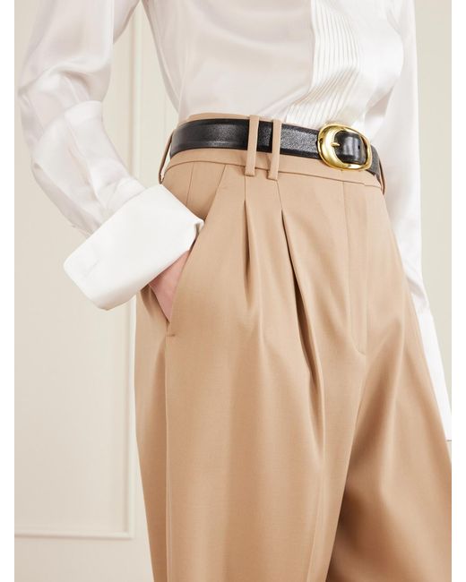 Another Tomorrow Natural Pleated Wool-Blend Wide-Leg Pants