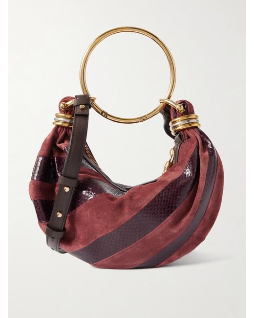 Chloé Pink Bracelet Embellished Suede And Snake-Effect Leather Shoulder Bag