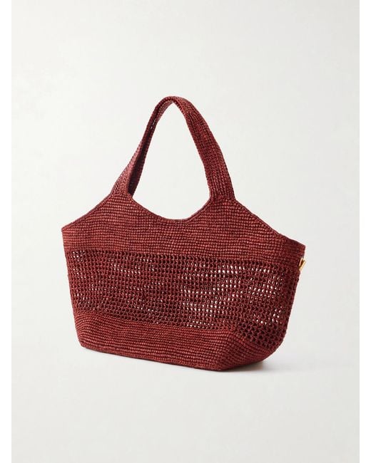 Saint Laurent Red Icare Maxi Leather-Trimmed Raffia Tote