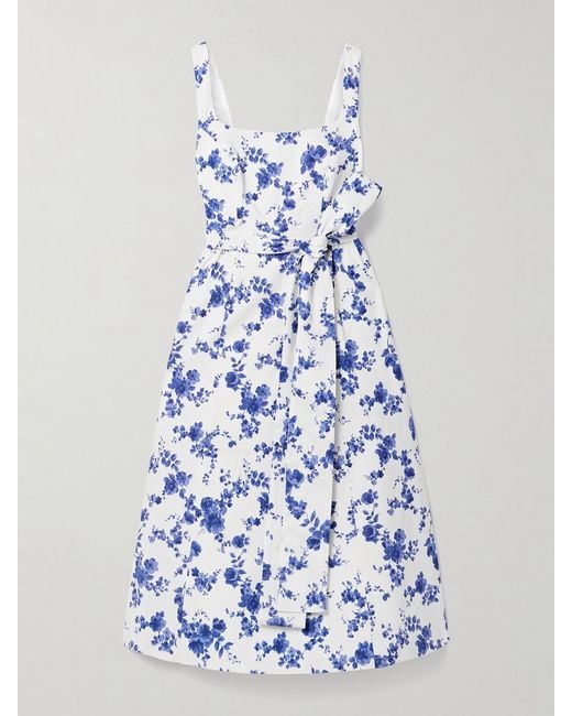 Carolina Herrera Blue Belted Floral-Print Faille Midi Dress