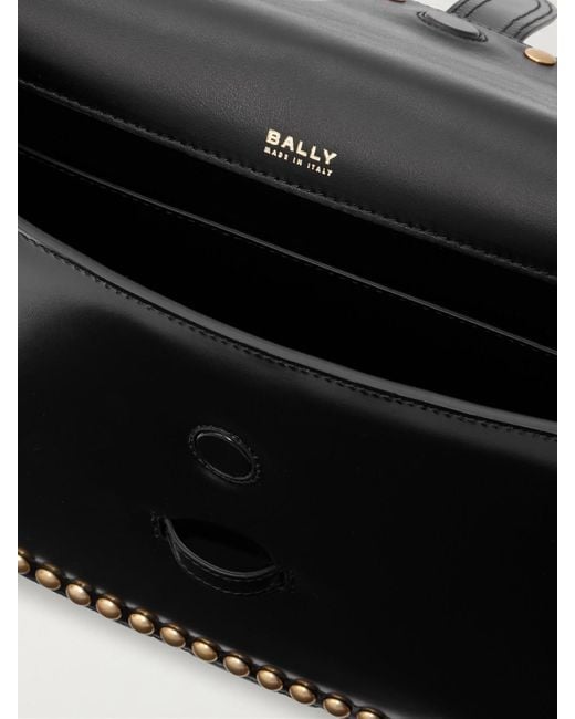 Bally Black Beckett Flat Medium Studded Glossed-Leather Shoulder Bag