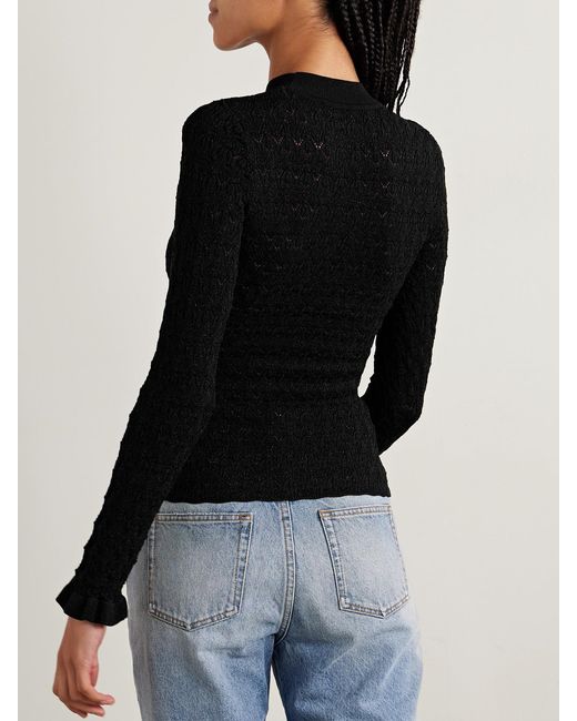 Sea Black Ruby Ruffled Metallic Pointelle-Knit Top