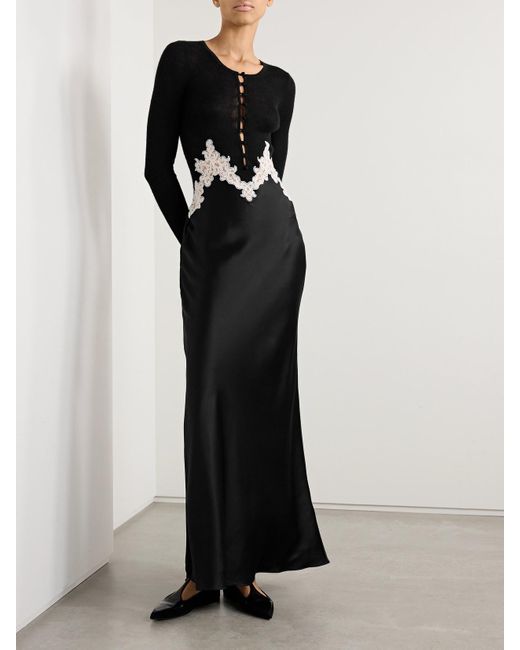 Gabriela Hearst Black Kerry Maxikleid Aus Geripptem Seidenchiffon Und Seidensatin Mit Spitzenbesätzen