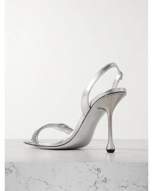 Jimmy Choo White Tabatha 95 Crystal-Embellished Metallic Leather Slingback Sandals