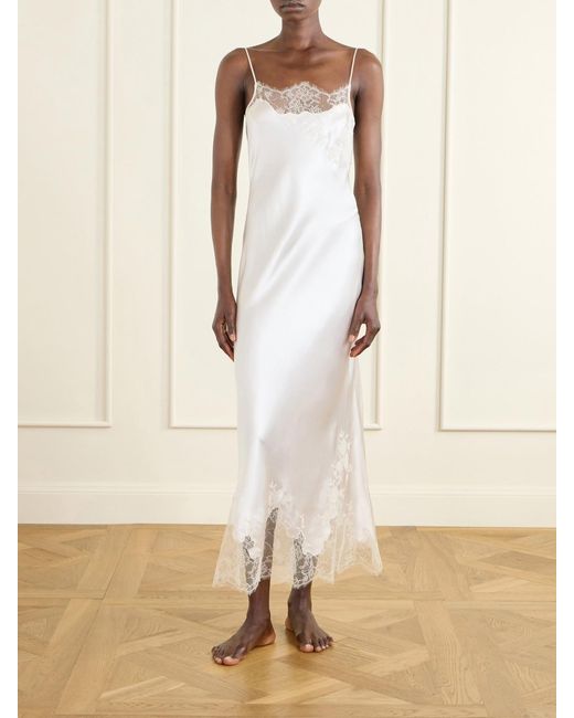 Carine Gilson White Lace-Trimmed Silk-Satin Midi Dress