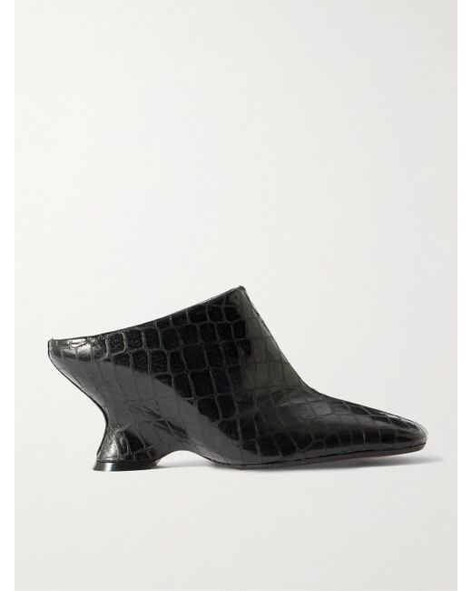 Dries Van Noten Black Croc-Effect Leather Wedge Mules