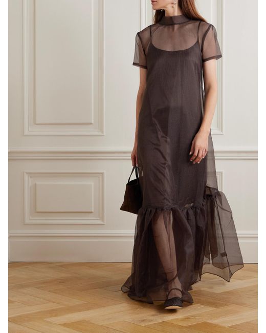 staud calluna dress brown Tie-Neck Tiered Organza Maxi in the Calluna dress from