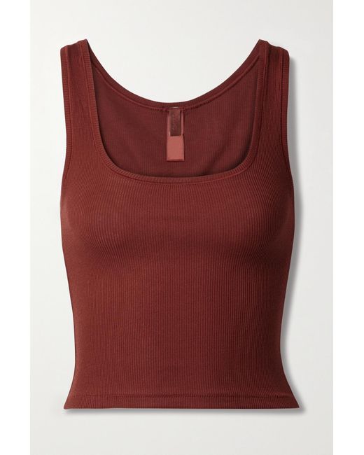Skims Cropped Ribbed Stretch-cotton Jersey Tank in Red