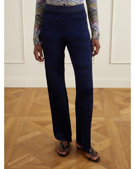 Missoni Blue Striped Crochet-Knit Straight-Leg Pants