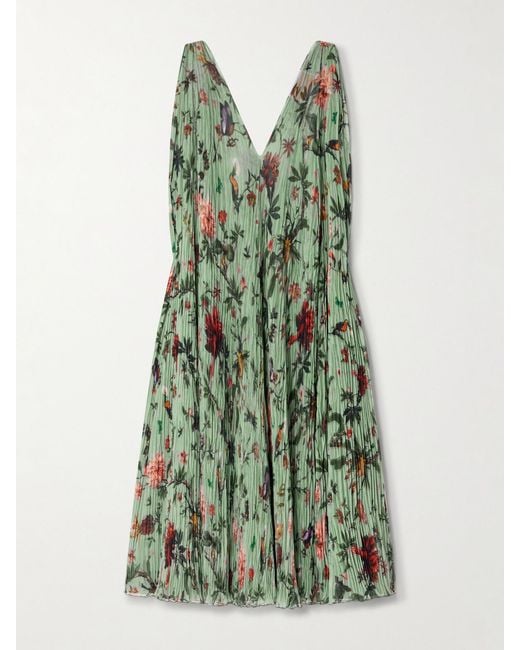 LaDoubleJ Green Twirling Floral-Print Plissé-Chiffon Maxi Dress