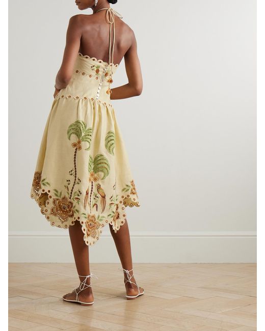 Farm Rio Metallic Scalloped Broderie Anglaise Linen Halterneck Dress