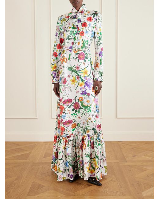 Gucci White Belted Tie-Detailed Pleated Floral-Print Silk-Twill Maxi Dress