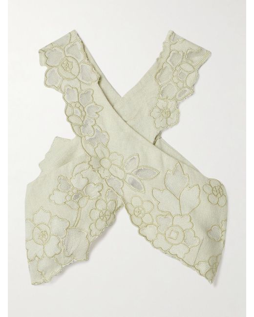 Cult Gaia Natural Matias Cropped Mesh-Trimmed Embroidered Linen Top