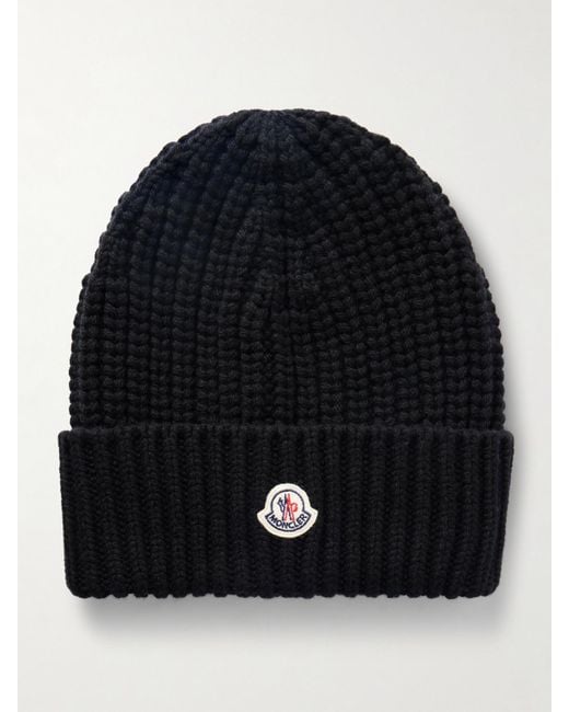 Moncler Black Appliquéd Ribbed Wool And Cashmere-Blend Beanie