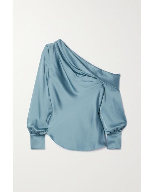 Jonathan Simkhai Alice One-shoulder Draped Satin Blouse in Blue | Lyst