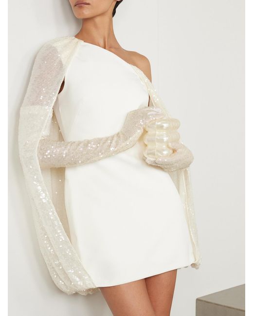 Safiyaa White Sequined Satin Gloves