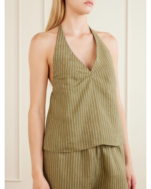 Staud Green Corso Striped Linen Halterneck Top