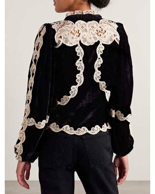 Sea Medina Guipure Lace-Trimmed Velvet Blouse in Black | Lyst