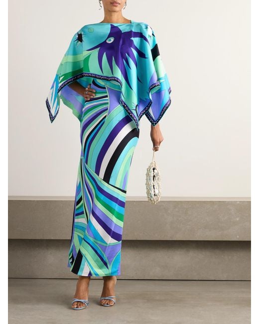 Emilio Pucci Blue Layered Printed Silk-Twill Maxi Dress