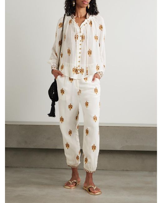 Farm Rio Natural Anchor Tapestry Gathered Embroidered Georgette Blouse