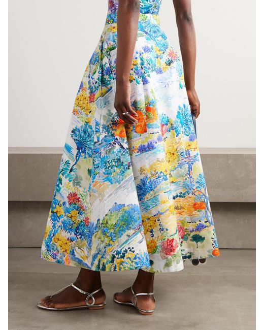 Mary Katrantzou Blue Cadiot Pleated Floral-Print Cotton-Poplin Midi Skirt