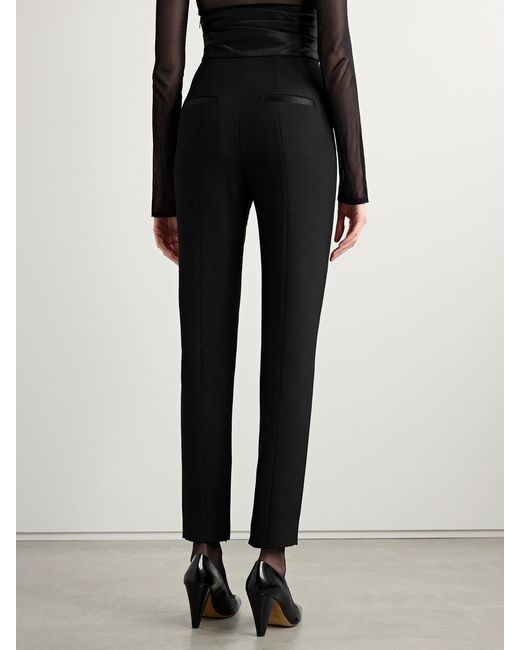 Khaite Black Lenro Pleated Satin-Trimmed Grain De Poudre Straight-Leg Pants