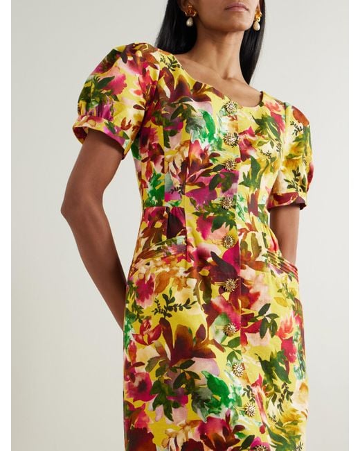 Saloni White Blanca Belted Embellished Floral-Print Cotton-Dupioni Midi Dress