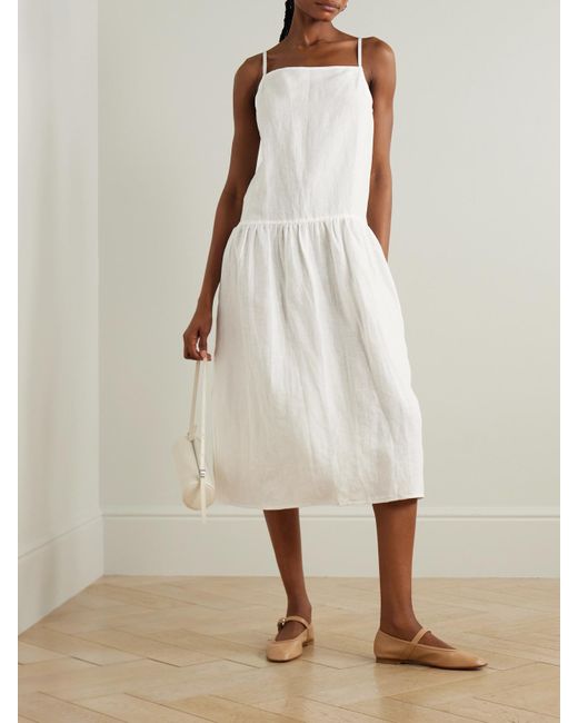 Deiji Studios White Midikleid Aus Leinen Mit Raffungen