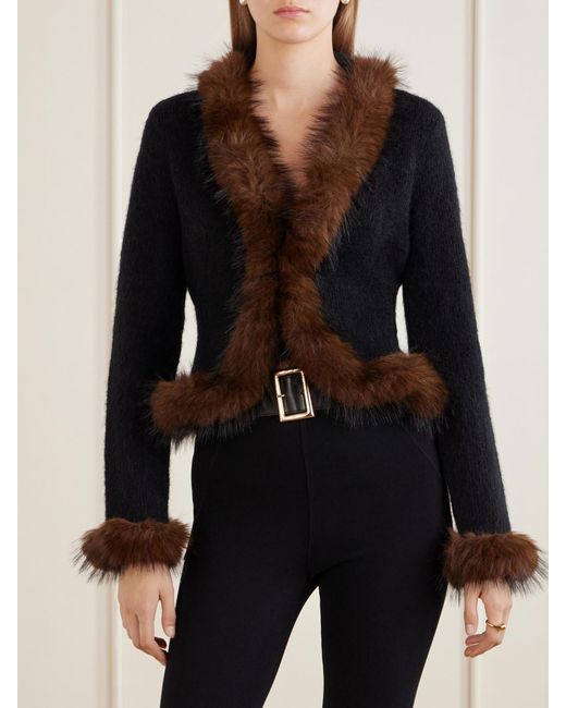 Self-Portrait Black Plush-Trimmed Knitted Cardigan