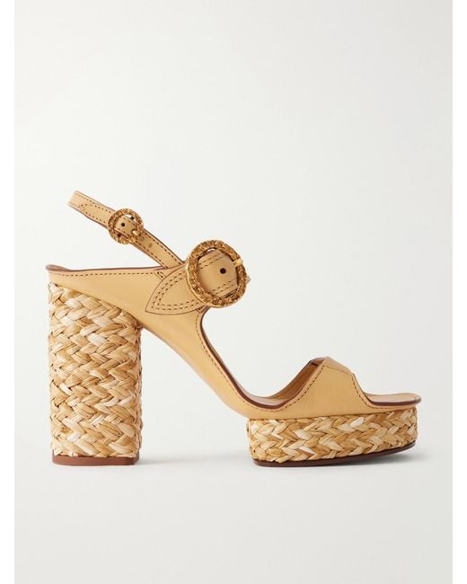Zimmermann Metallic Solena Raffia-Trimmed Leather Platform Sandals