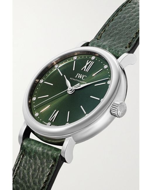 Iwc Green Portofino Automatic 34Mm Stainless Steel, Textured-Leather And Diamond Watch