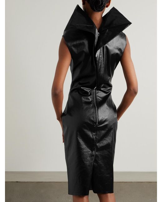 Rick Owens Black Draped Coated-Denim Midi Dress
