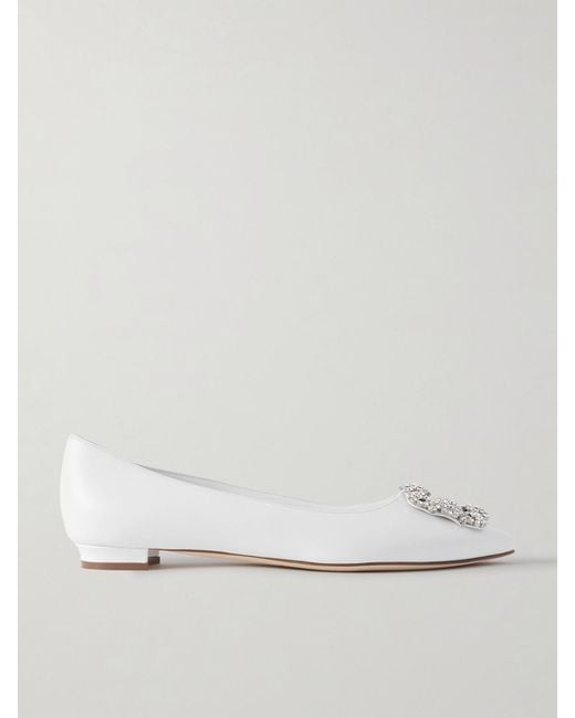Manolo Blahnik Natural Hangisi 10 Crystal-Embellished Leather Point-Toe Flats