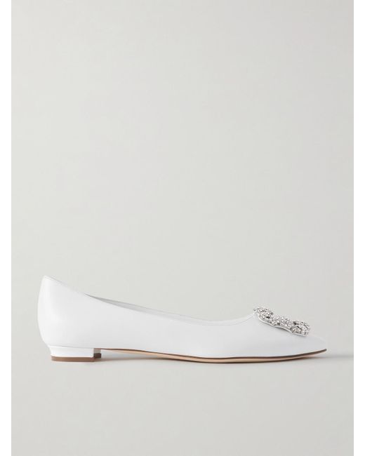 Manolo Blahnik Natural Hangisi 10 Crystal-Embellished Leather Point-Toe Flats
