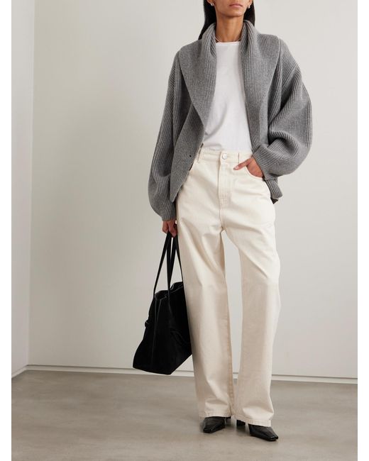 Totême Gray Oversized Ribbed Wool Cardigan