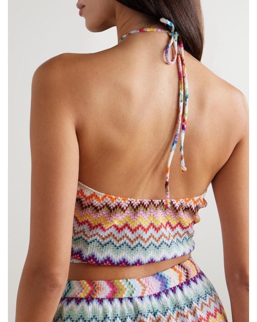 Missoni Gray Mare Cropped Striped Metallic Crochet-Knit Halterneck Top