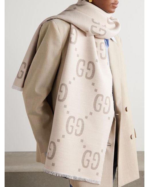 Gucci Natural Logo-Jacquard Wool And Silk-Blend Scarf