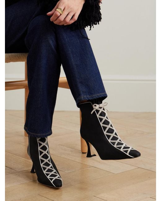 Manolo Blahnik Black Nolhac 70 Ruffled Velvet-Trimmed Silk Ankle Boots