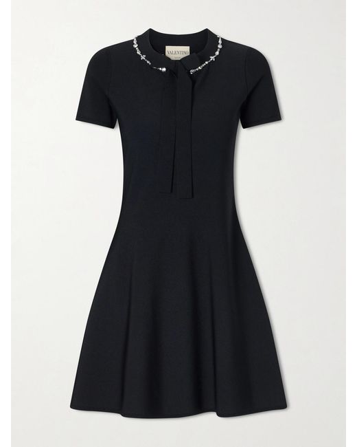Valentino Garavani Black Bow-Detailed Embellished Jersey Mini Dress