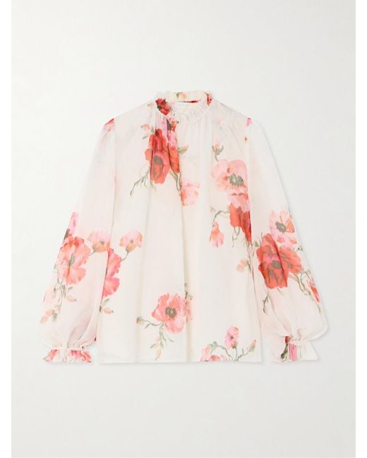 Blouse En Voile De Coton Et De Soie Mélangés À Imprimé Fleuri Et À Volants Lightburst Zimmermann en coloris Pink