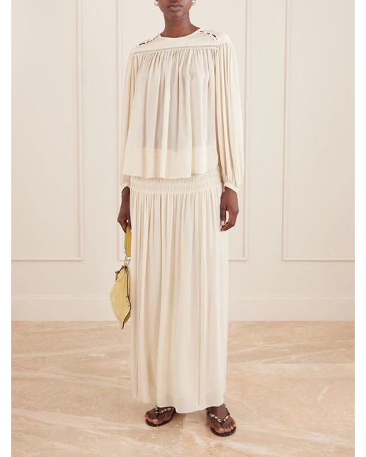 Isabel Marant Natural Nerly Bead-Embellished Smocked Silk Maxi Skirt
